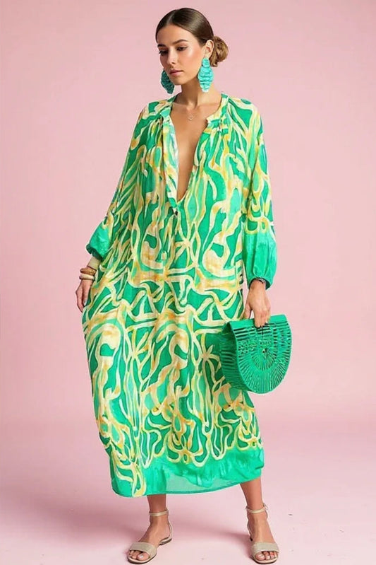 Abstract Pattern V-Neck Kaftan Maxi Dress