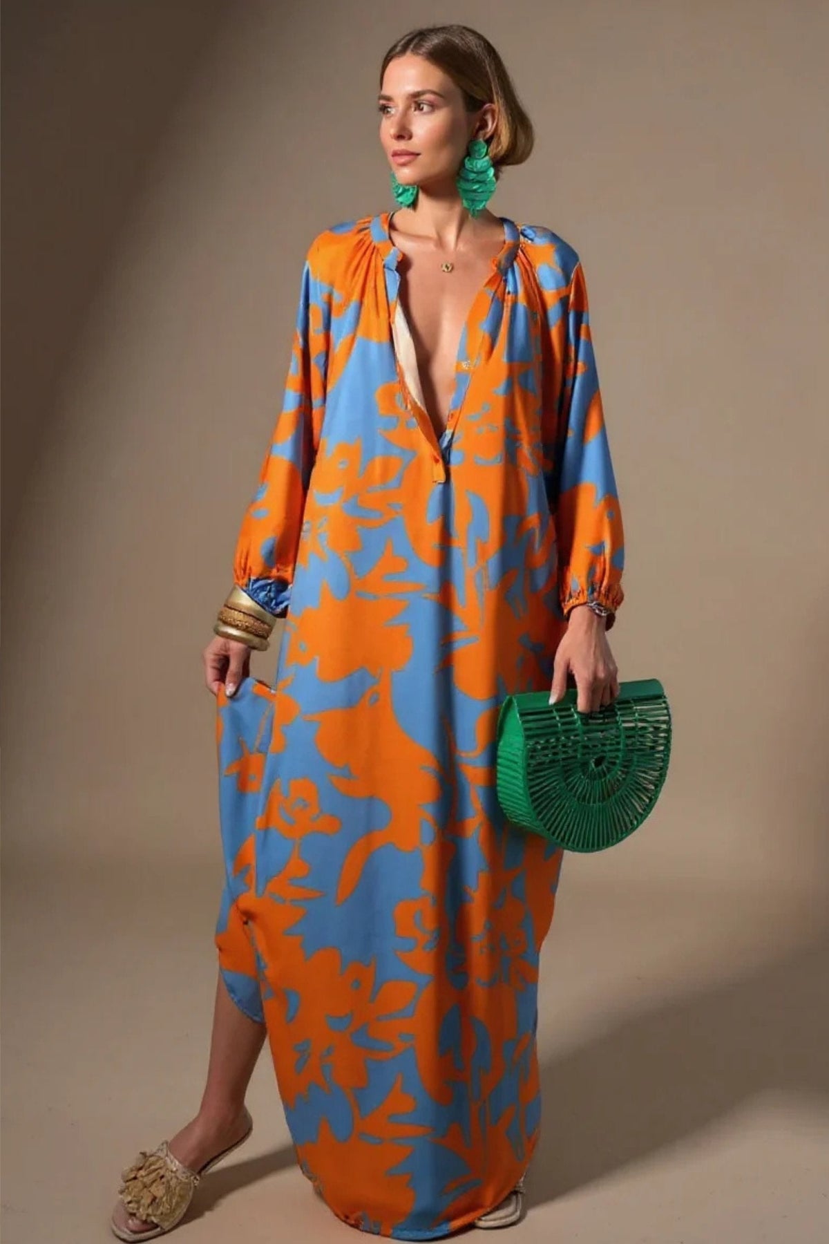 Abstract Pattern V-Neck Kaftan Maxi Dress