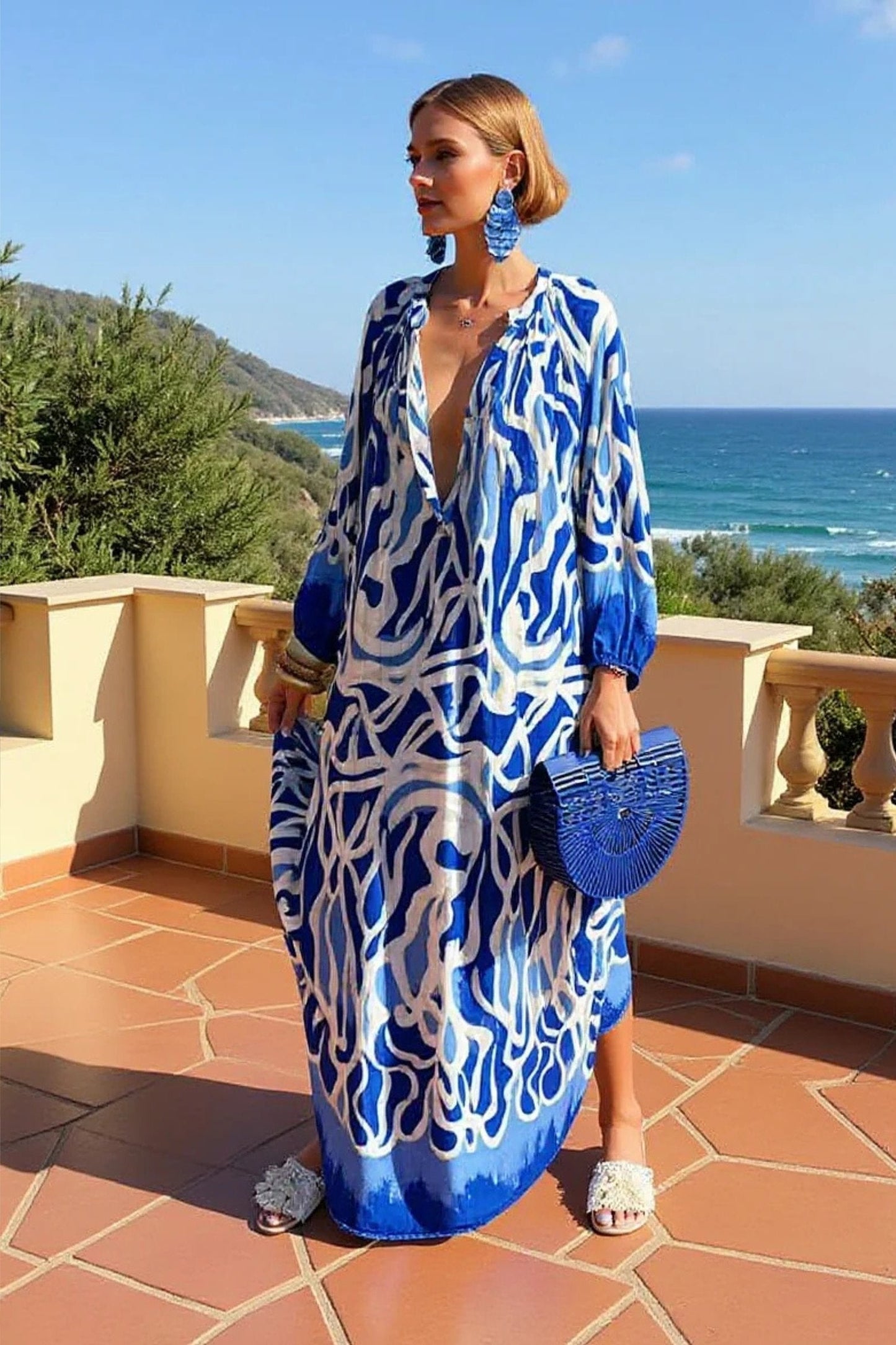 Abstract Pattern V-Neck Kaftan Maxi Dress