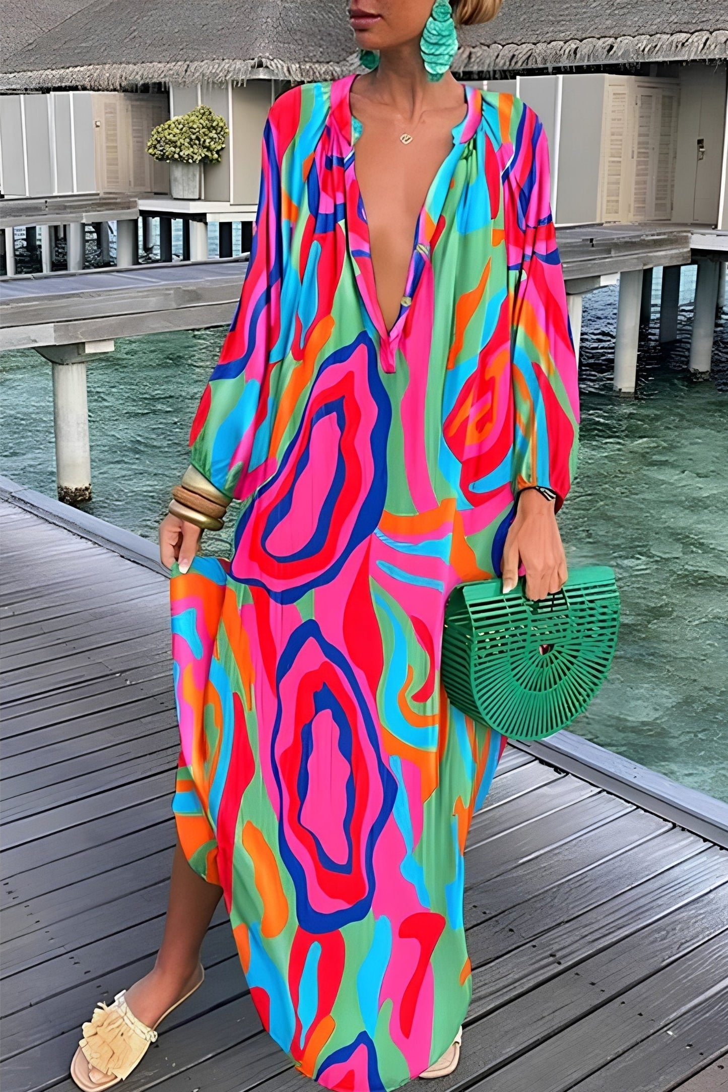 Abstract Pattern V-Neck Kaftan Maxi Dress
