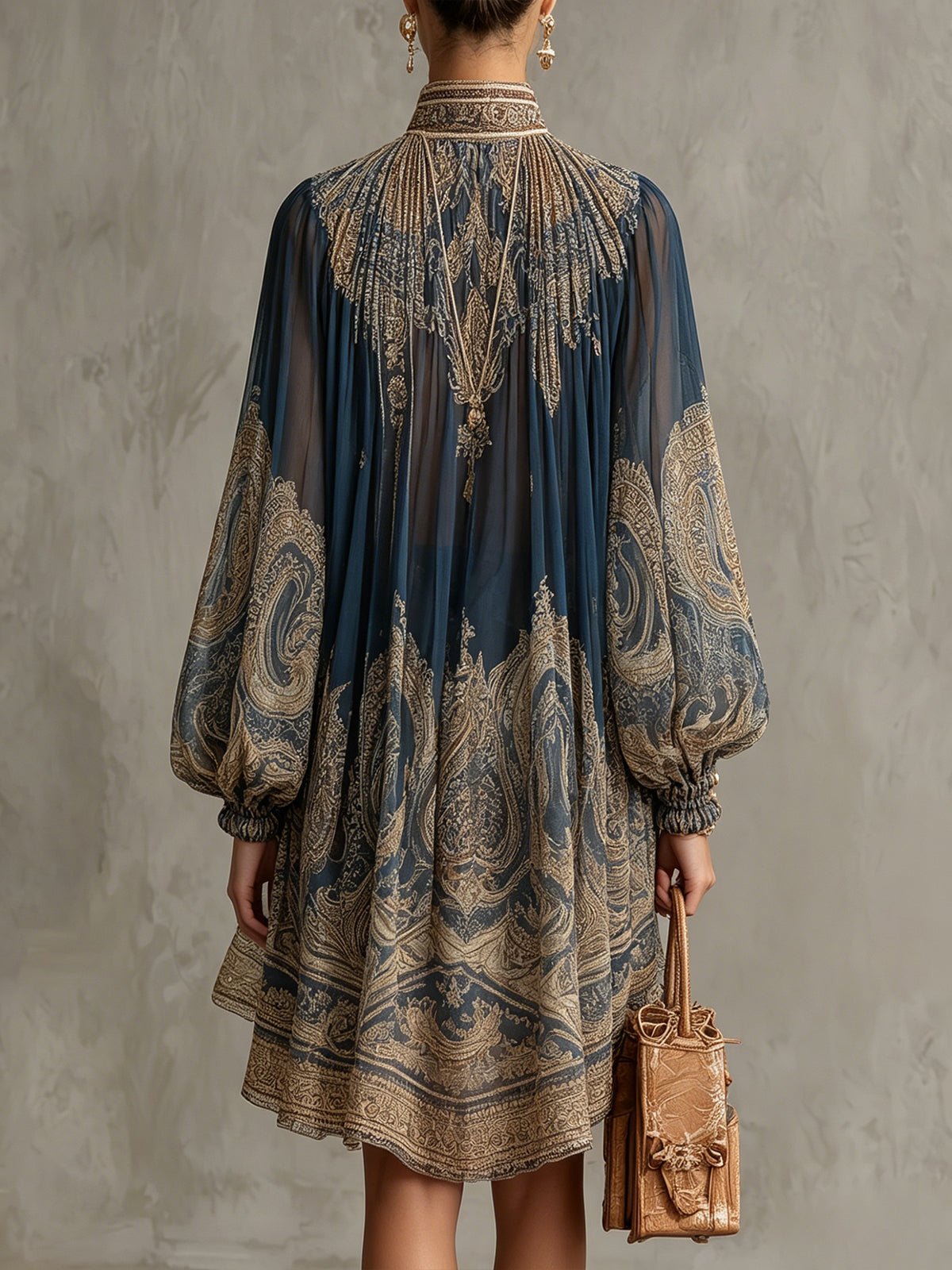 Baroque Pattern Chiffon High-Neck Dress with Asymmetrical Hem