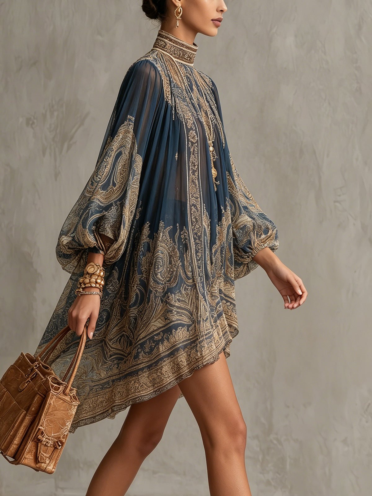 Baroque Pattern Chiffon High-Neck Dress with Asymmetrical Hem
