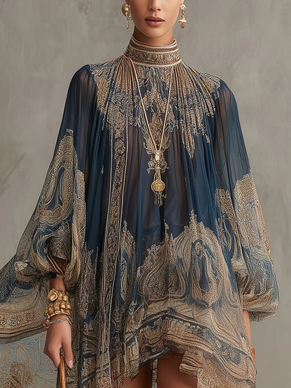 Baroque Pattern Chiffon High-Neck Dress with Asymmetrical Hem