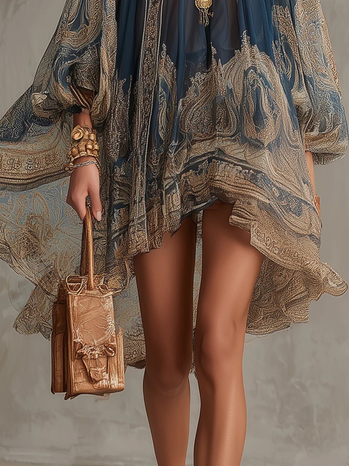 Baroque Pattern Chiffon High-Neck Dress with Asymmetrical Hem