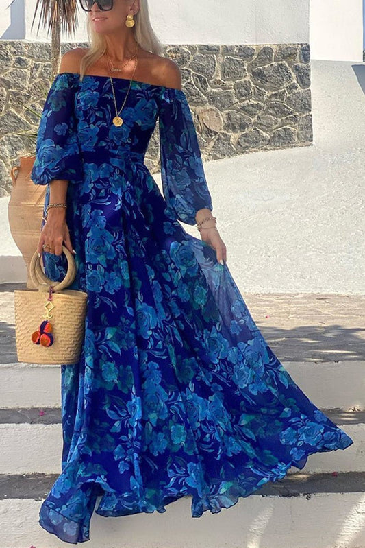 Bardot Floral Maxi Dress with Puff Sleeves