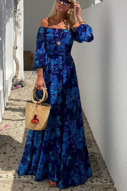 Bardot Floral Maxi Dress with Puff Sleeves