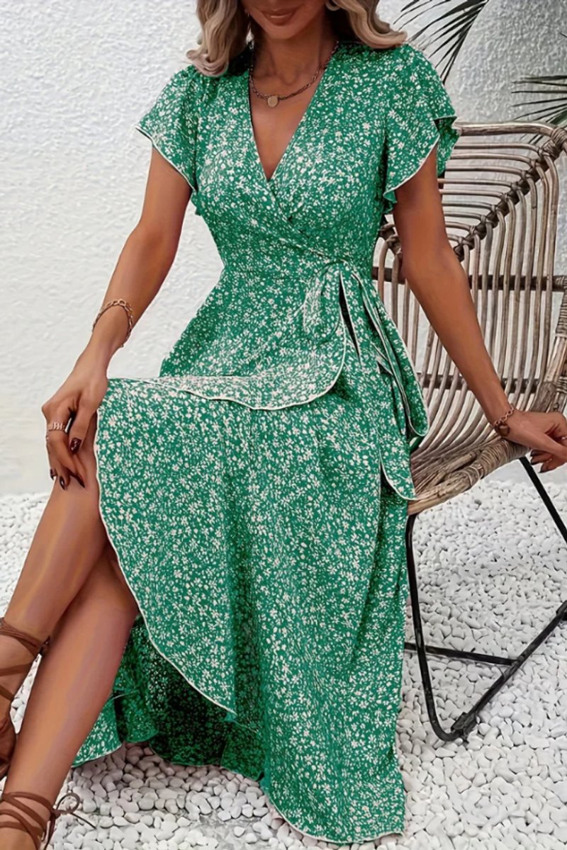 Asymmetric Ruffle Hem Floral Wrap Midi Dress