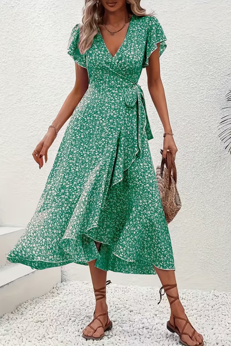 Asymmetric Ruffle Hem Floral Wrap Midi Dress
