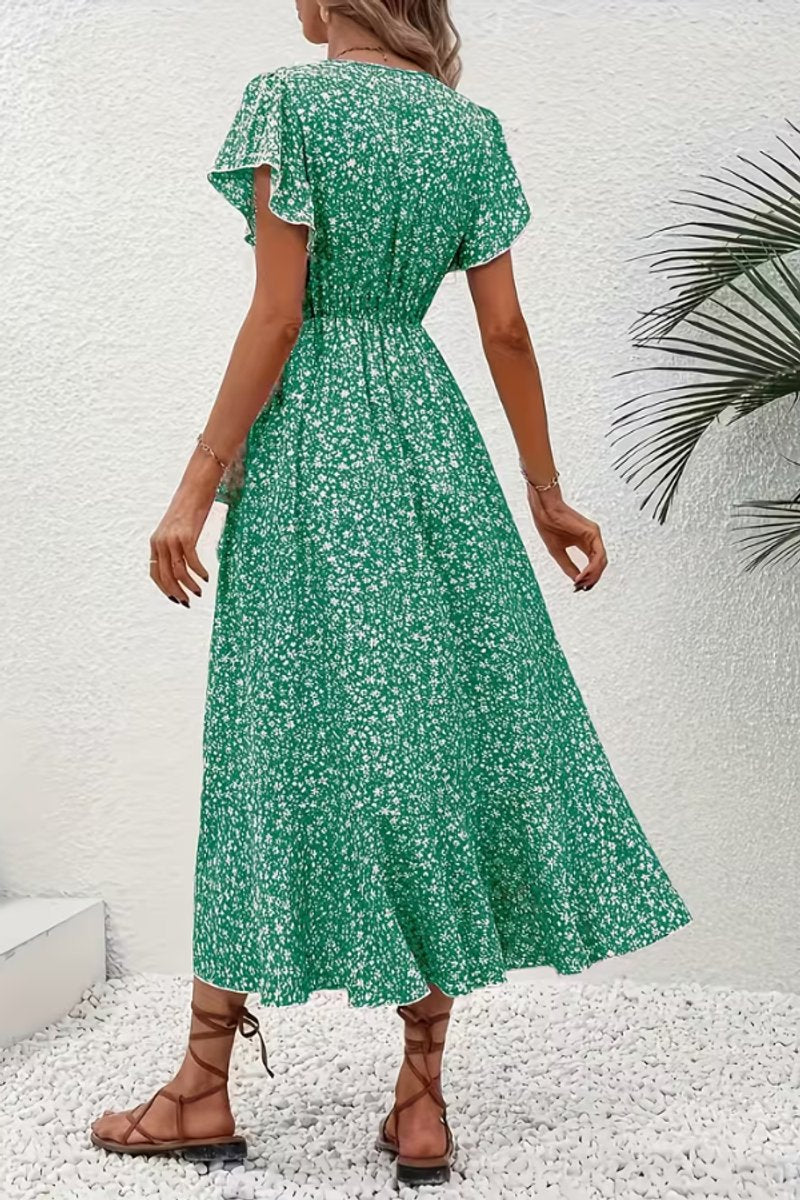 Asymmetric Ruffle Hem Floral Wrap Midi Dress