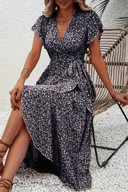 Asymmetric Ruffle Hem Floral Wrap Midi Dress