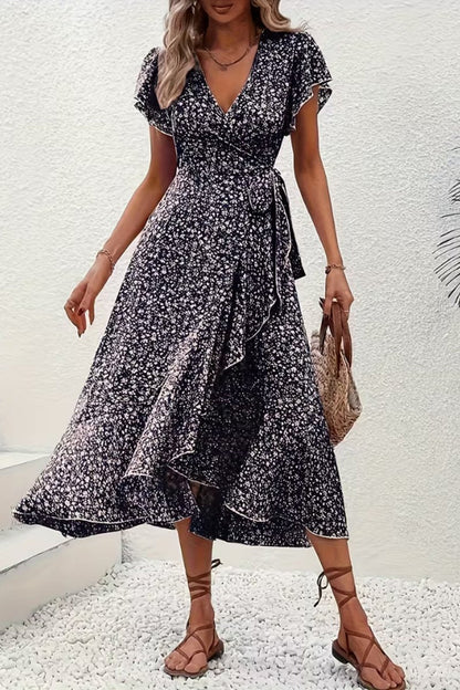Asymmetric Ruffle Hem Floral Wrap Midi Dress