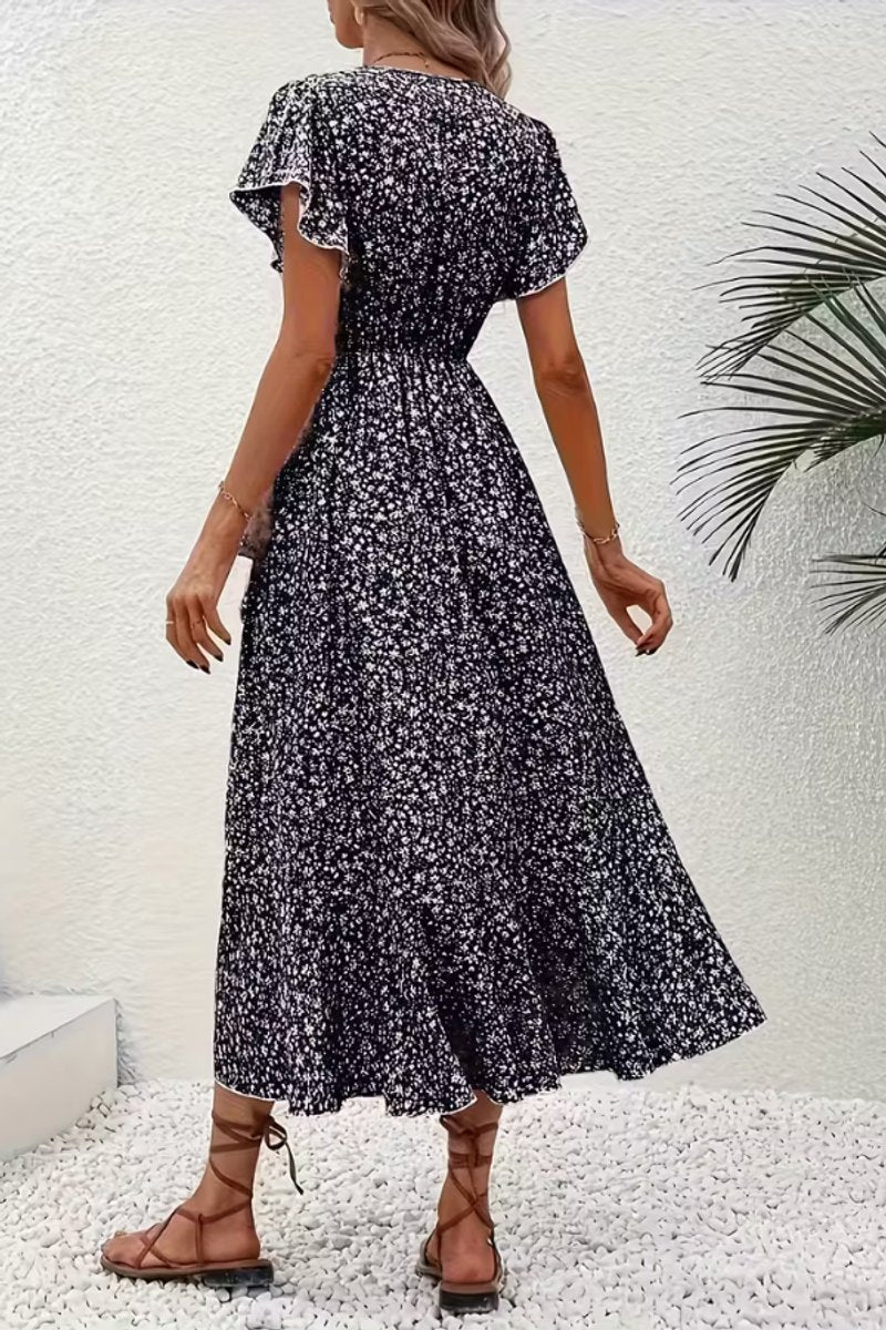 Asymmetric Ruffle Hem Floral Wrap Midi Dress