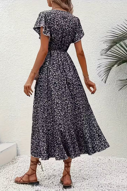 Asymmetric Ruffle Hem Floral Wrap Midi Dress