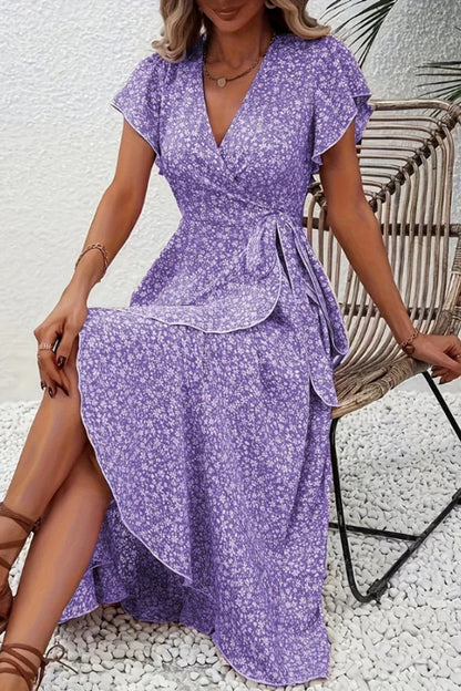 Asymmetric Ruffle Hem Floral Wrap Midi Dress