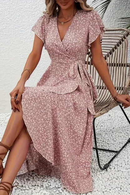 Asymmetric Ruffle Hem Floral Wrap Midi Dress