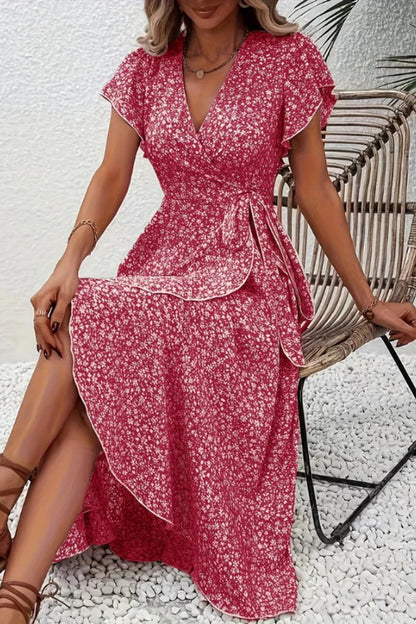 Asymmetric Ruffle Hem Floral Wrap Midi Dress