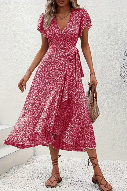 Asymmetric Ruffle Hem Floral Wrap Midi Dress