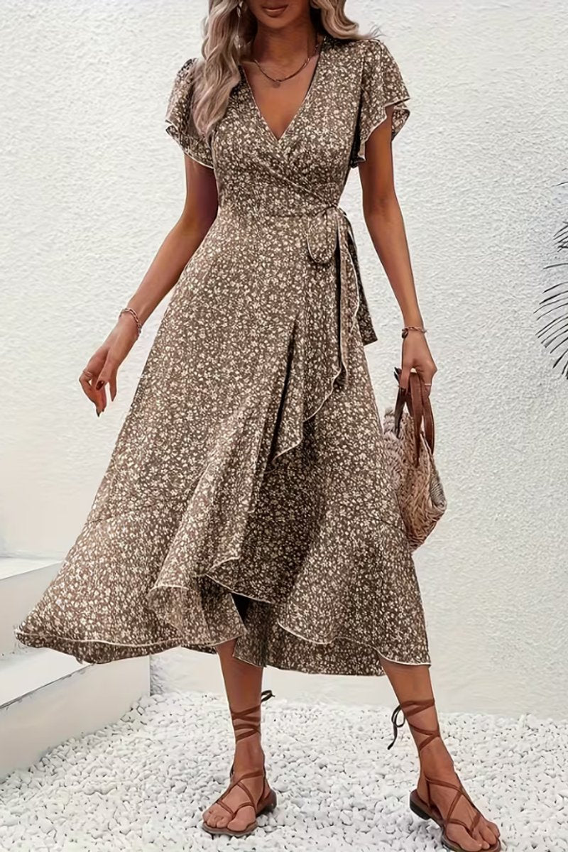 Asymmetric Ruffle Hem Floral Wrap Midi Dress