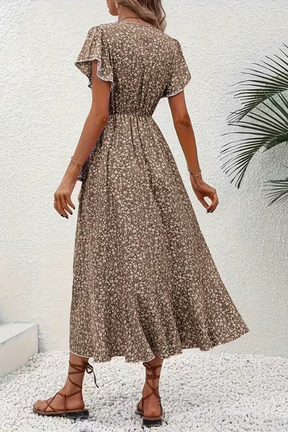 Asymmetric Ruffle Hem Floral Wrap Midi Dress