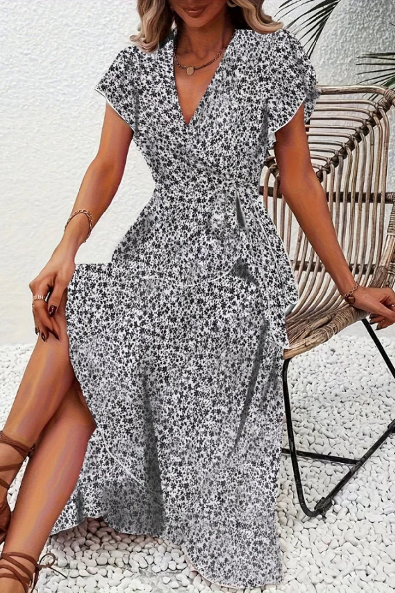Asymmetric Ruffle Hem Floral Wrap Midi Dress