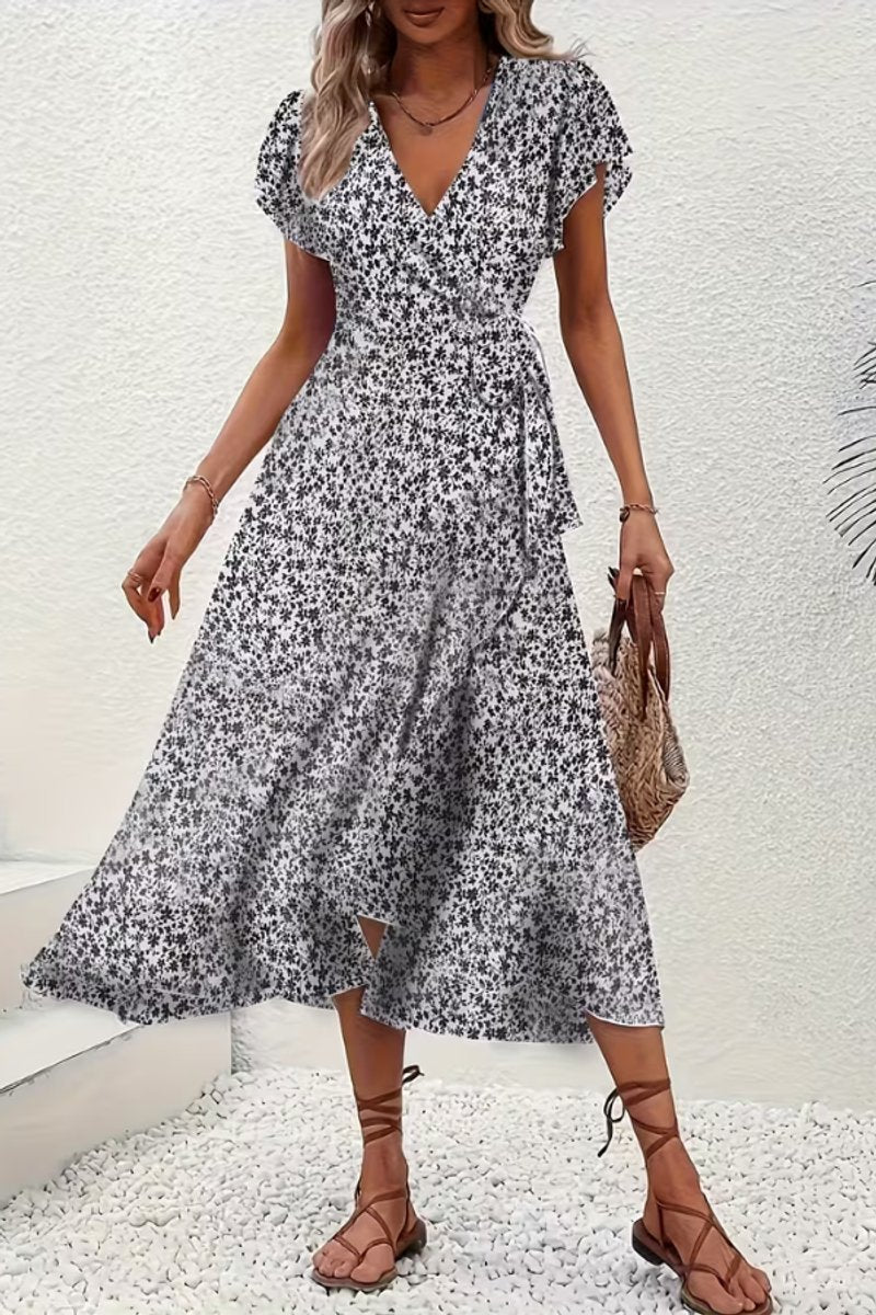 Asymmetric Ruffle Hem Floral Wrap Midi Dress