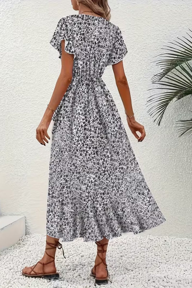 Asymmetric Ruffle Hem Floral Wrap Midi Dress
