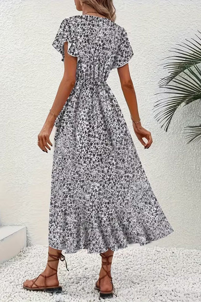 Asymmetric Ruffle Hem Floral Wrap Midi Dress