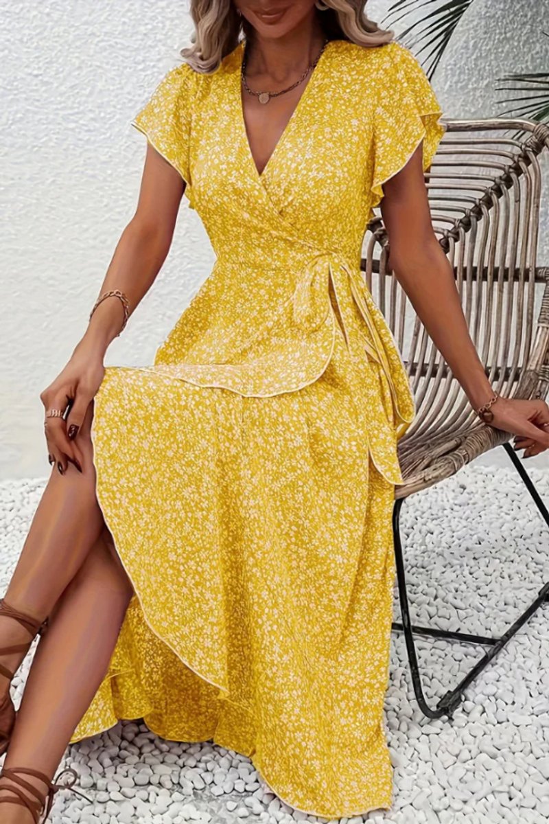 Asymmetric Ruffle Hem Floral Wrap Midi Dress