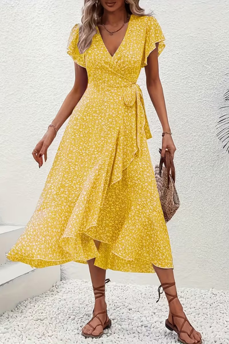 Asymmetric Ruffle Hem Floral Wrap Midi Dress