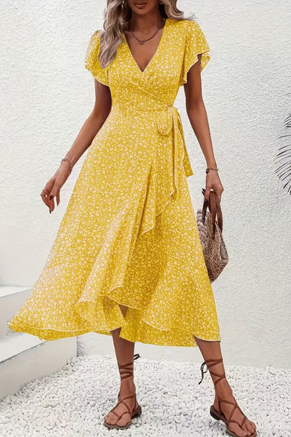 Asymmetric Ruffle Hem Floral Wrap Midi Dress