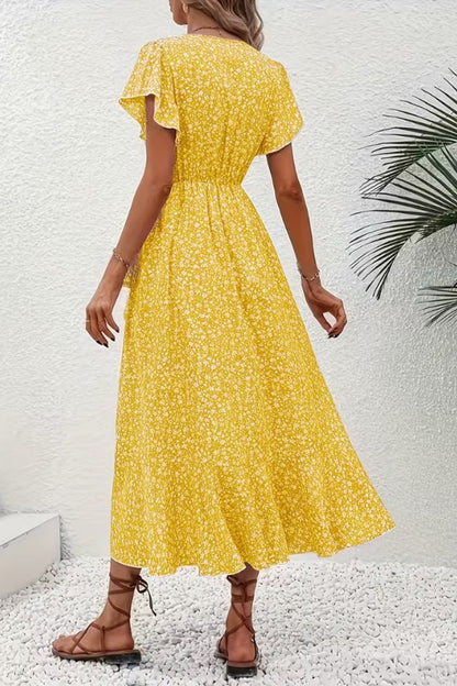 Asymmetric Ruffle Hem Floral Wrap Midi Dress