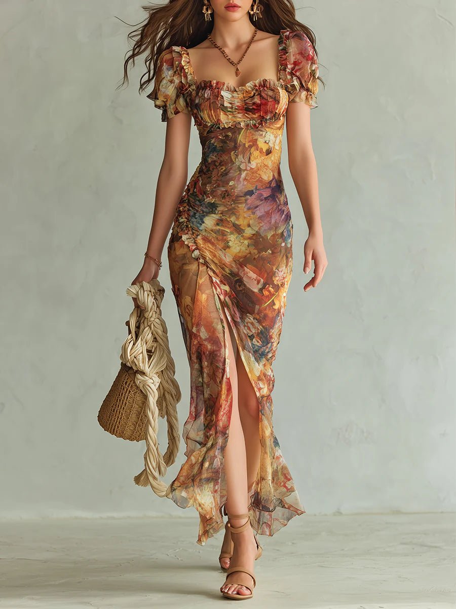 Sweetheart Neck Floral Chiffon Maxi Dress with Side Slit