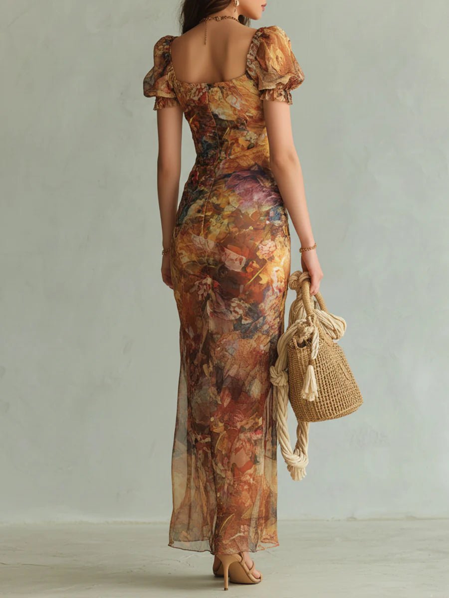 Sweetheart Neck Floral Chiffon Maxi Dress with Side Slit