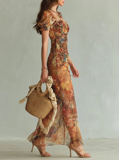 Sweetheart Neck Floral Chiffon Maxi Dress with Side Slit