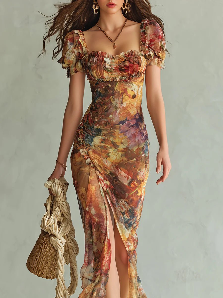 Sweetheart Neck Floral Chiffon Maxi Dress with Side Slit