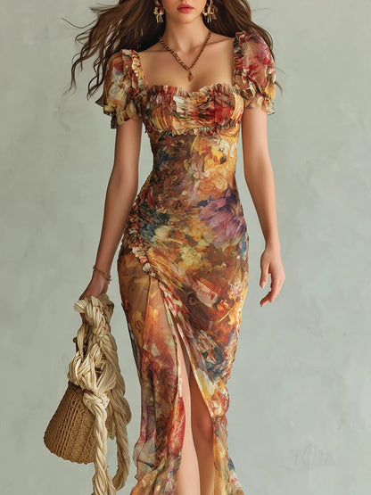 Sweetheart Neck Floral Chiffon Maxi Dress with Side Slit