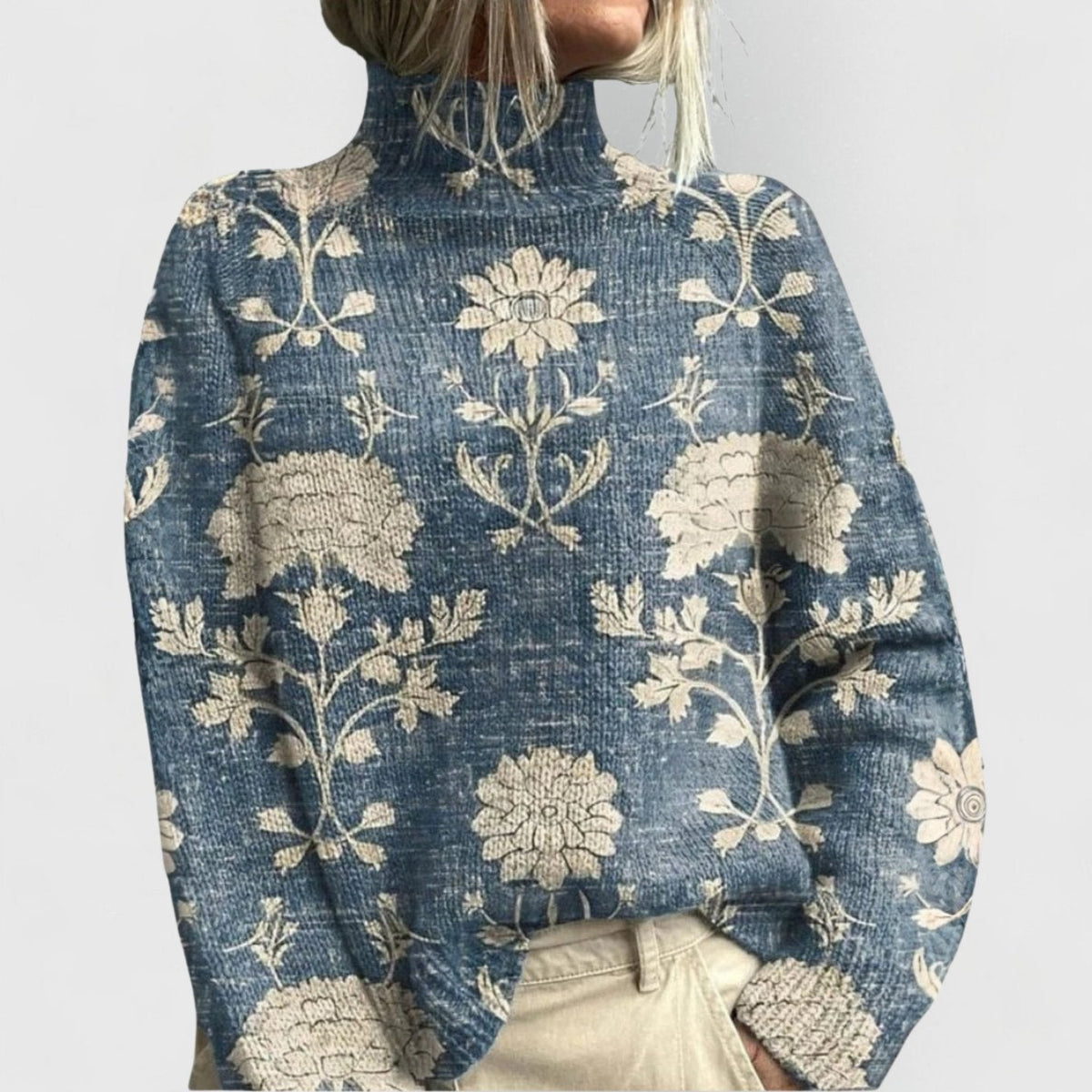 Floral Pattern Relaxed Turtleneck Knit Jumper