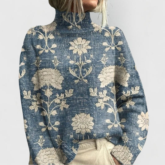 Floral Pattern Relaxed Turtleneck Knit Jumper