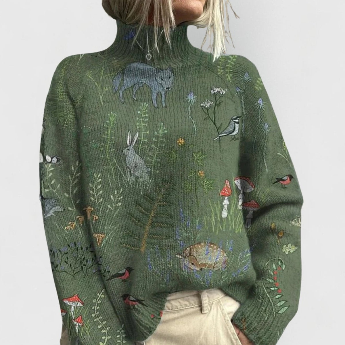 Floral Pattern Relaxed Turtleneck Knit Jumper