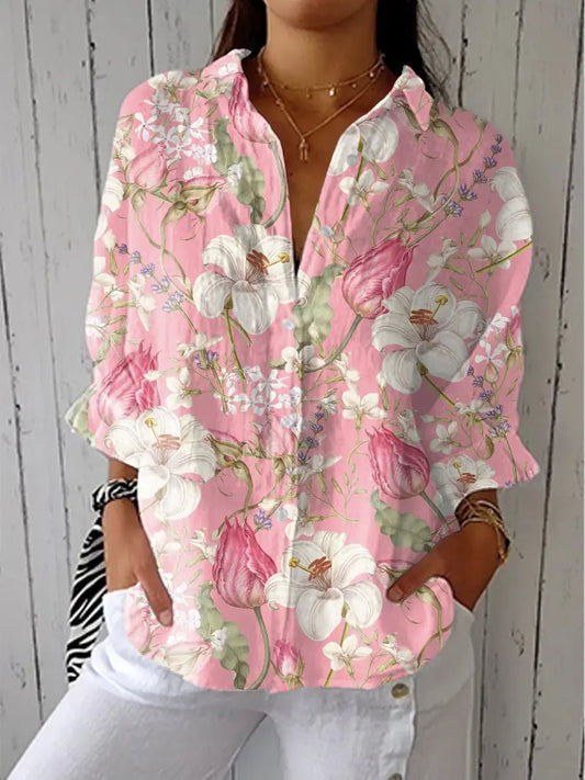 Botanical Print Relaxed V-Neck Blouse