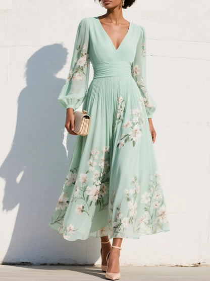 Botanical Print Pleated V-Neck Midi Dress with Balloon Sleeves