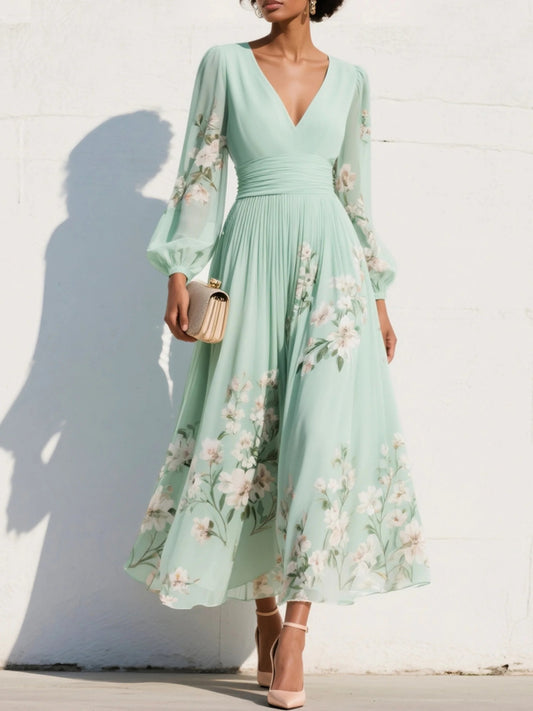 Botanical Print Pleated V-Neck Midi Dress with Balloon Sleeves