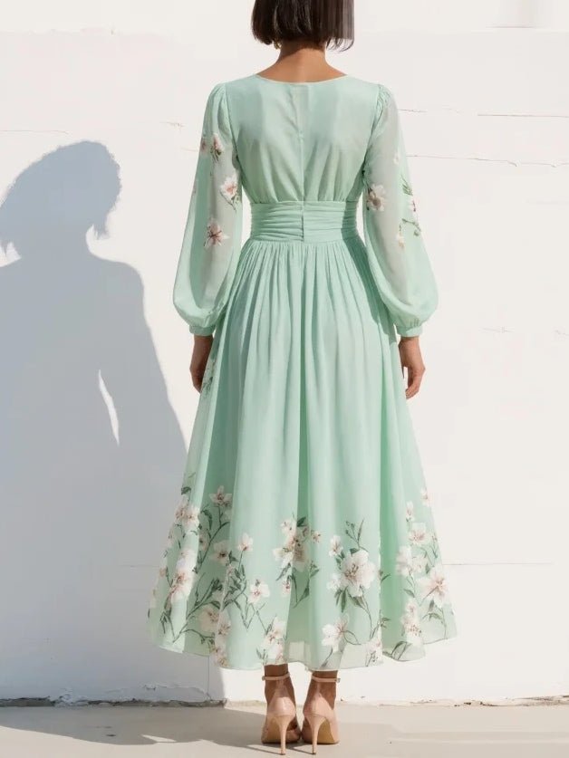 Botanical Print Pleated V-Neck Midi Dress with Balloon Sleeves