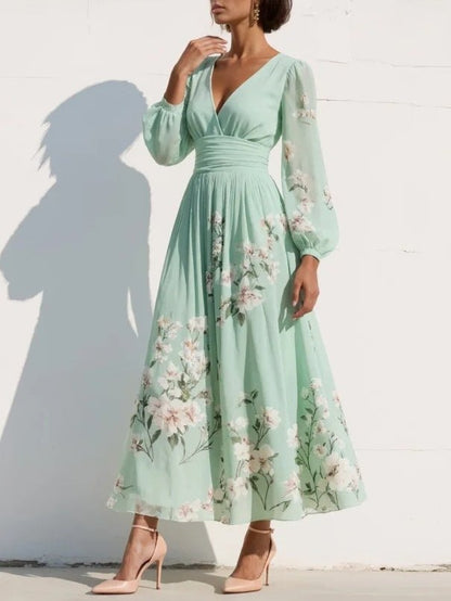 Botanical Print Pleated V-Neck Midi Dress with Balloon Sleeves
