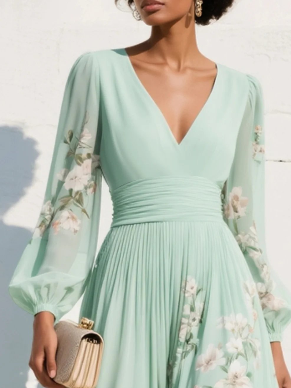 Botanical Print Pleated V-Neck Midi Dress with Balloon Sleeves