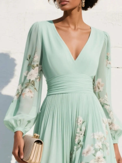 Botanical Print Pleated V-Neck Midi Dress with Balloon Sleeves