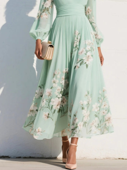 Botanical Print Pleated V-Neck Midi Dress with Balloon Sleeves