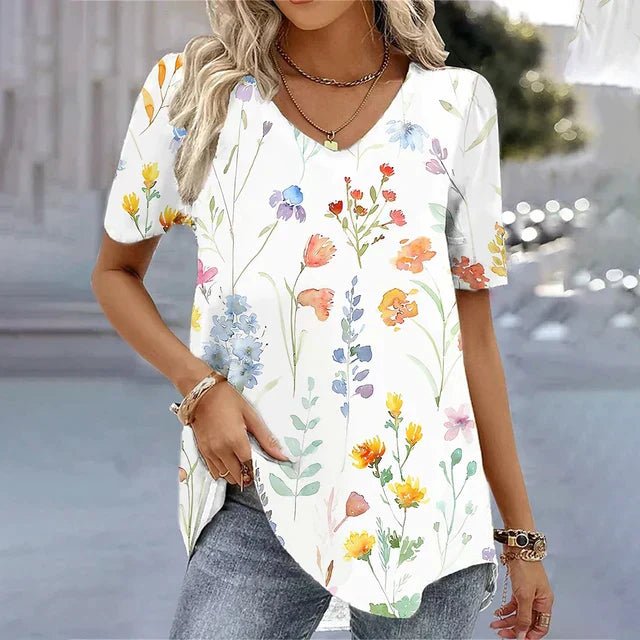 Botanical Print Short Sleeve V-Neck Blouse