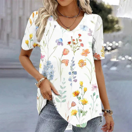 Botanical Print Short Sleeve V-Neck Blouse