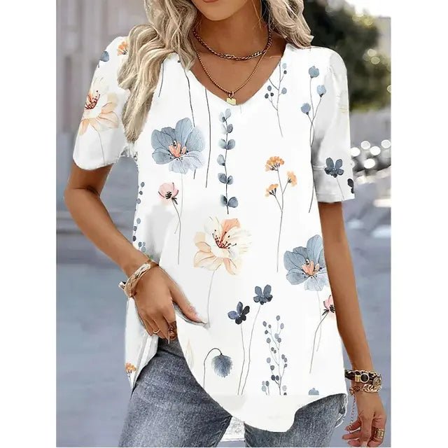 Botanical Print Short Sleeve V-Neck Blouse